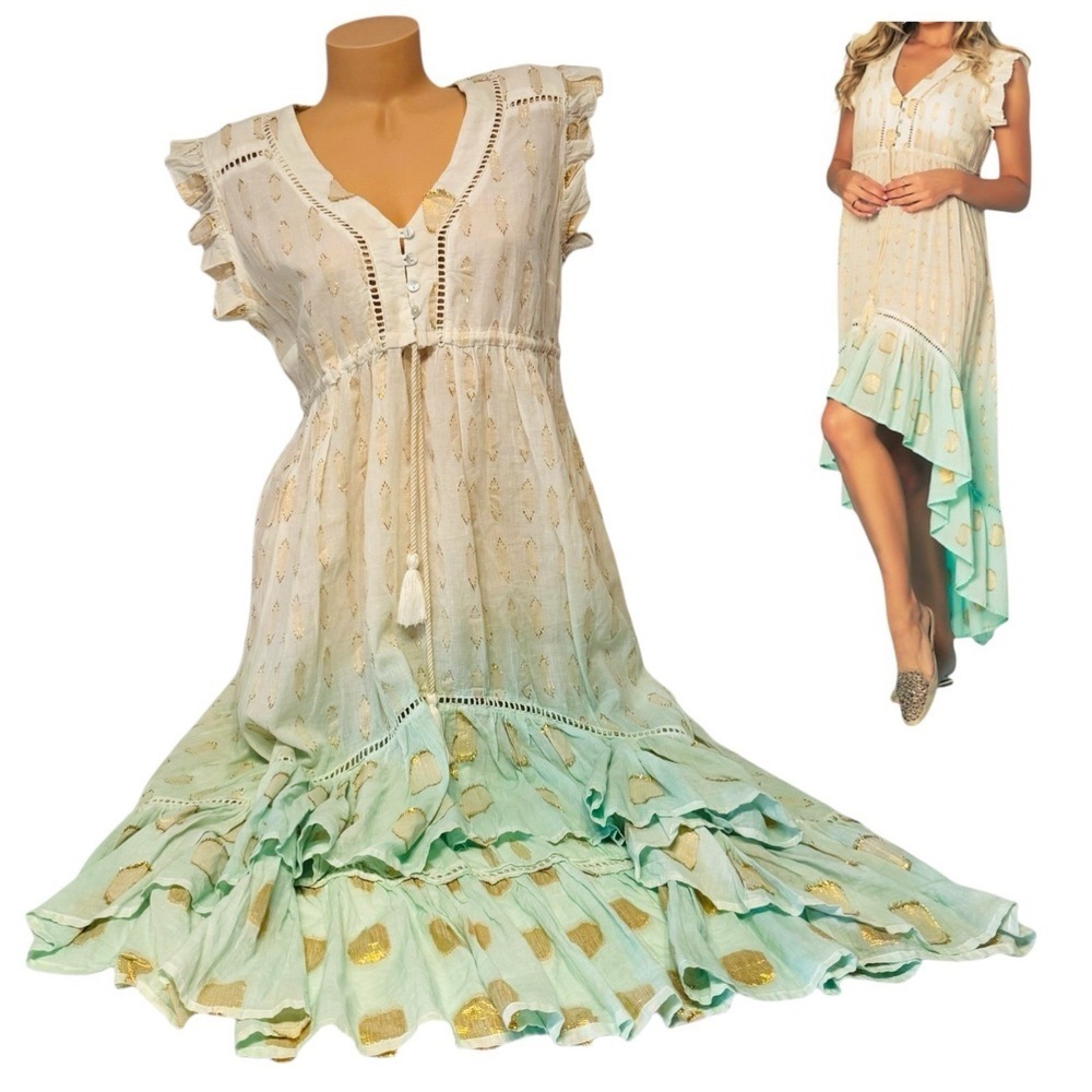 Buby's Italy Ombre High Low Maxi‎ Dress Gold Metallic Clip Dot Mint Cream Large